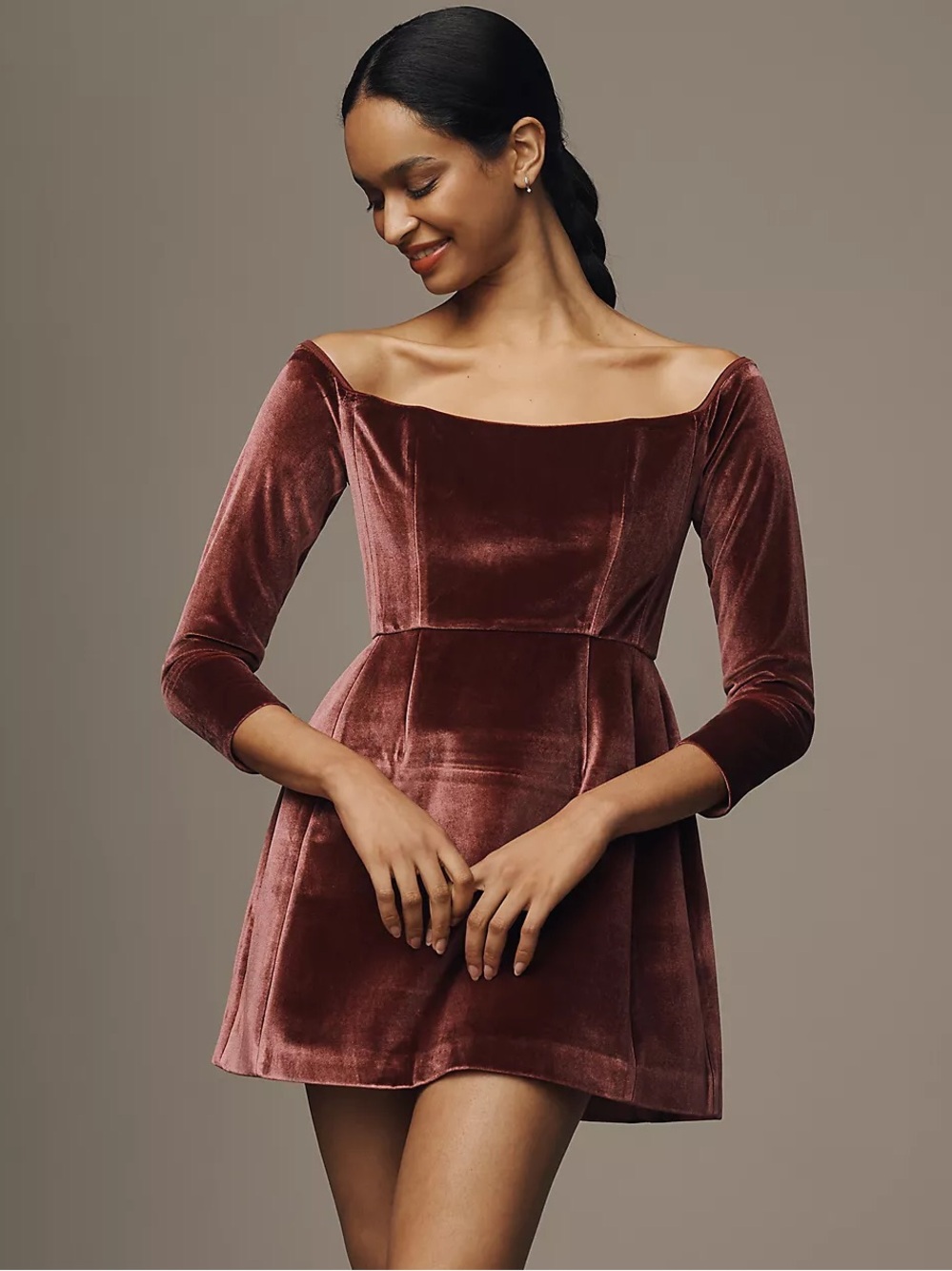 Anthropologie Hutch Velvet Long-Sleeve Square-Neck Dress Deep Mauve Size 2 NWT
